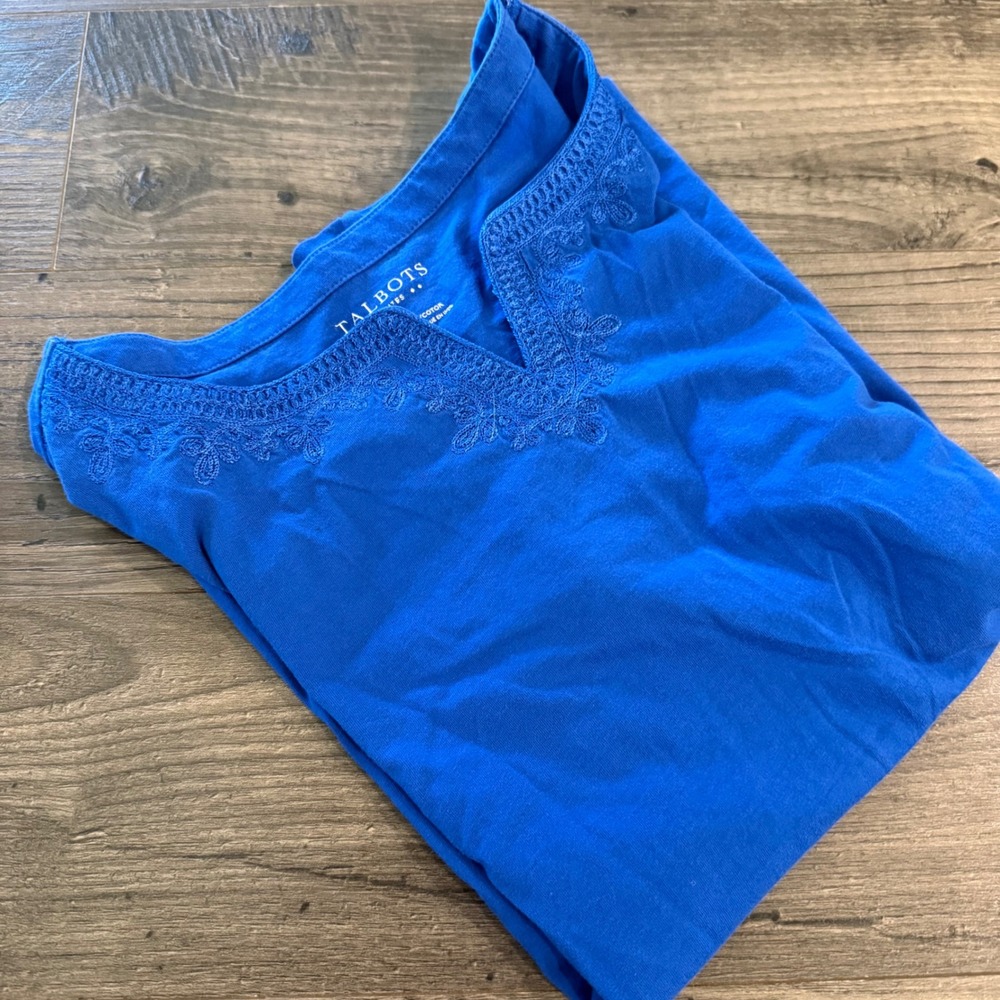 Talbots Petites Royal Blue Embroidered Split Neck Cotton T-Shirt Top MP